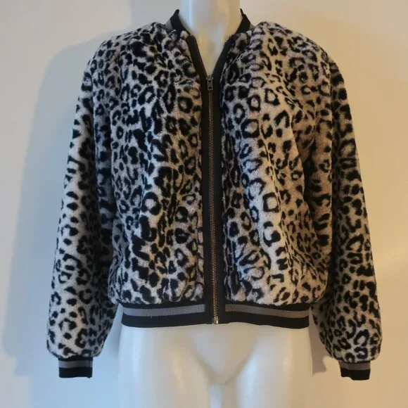 NWT Womens Lavender Brown Gray Black Animal Print Faux Fur Bomber Jacket M * - Picture 3 of 11